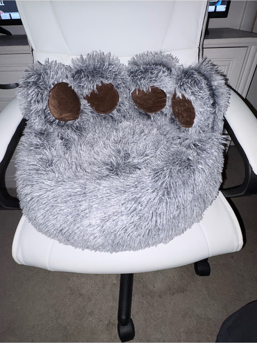 Gray Fuzzy Paw-Shaped Seat Cushion for small dog or cat.
